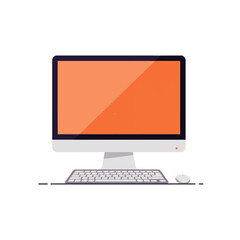 Computer setup with an orange screen, keyboard, and mouse on a white background.