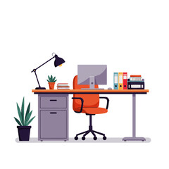 Illustration of a tidy workspace featuring a desk, computer, chair, lamp, plant, and office supplies against a white background.