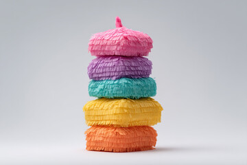 Colorful paper shapes stacked in a tower. A fun and vibrant display of crafted items against a plain background. Playful and cheerful.