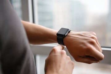 Close up of man checking smartwatch on wrist indoors, modern wearable technology and lifestyle concept