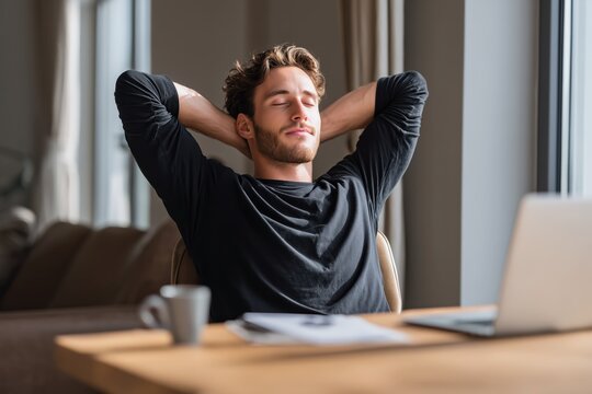Young man relaxing at desk with laptop in home office, casual lifestyle and remote work concept