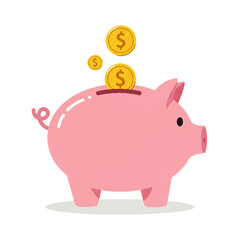 Pink piggy bank accumulating golden dollar coins.