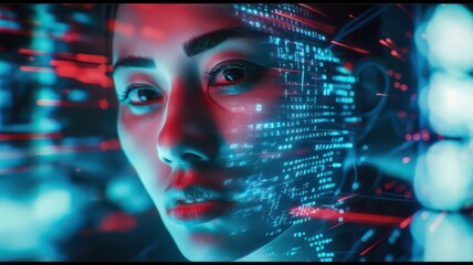 Tech Face Data Interaction, Cyberpunk Style, Digital Code Overlay, Future Smart Scene