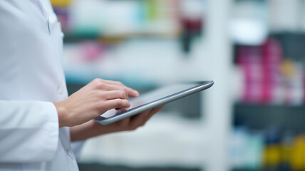 Pharmacist using digital tablet in pharmacy, entering medication stock data, modern healthcare technology, professional, focused