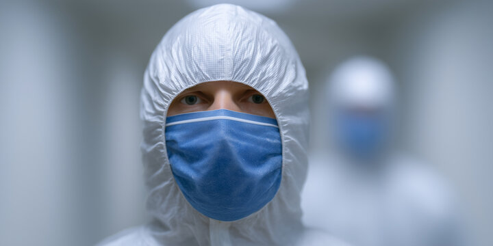 Person in protective suit and blue face mask standing indoors, focused and serious, with blurred background, concept of safety and hygiene
