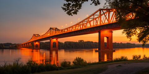 Old bridge glowing orange at dusk with sign reading Good Evening