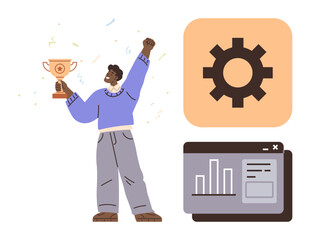 Person holding trophy and raising arm in victory with colorful confetti, gear for efficiency, and bar chart in browser for progress. Ideal for victory, achievement, progress, teamwork, goals