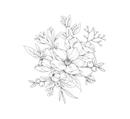 Fototapeta premium Botanic set of detailed various flowers and brunch. Luxury vintage floral collection for wedding invitation, wallpaper art or save the date card. Botanical vector illustration