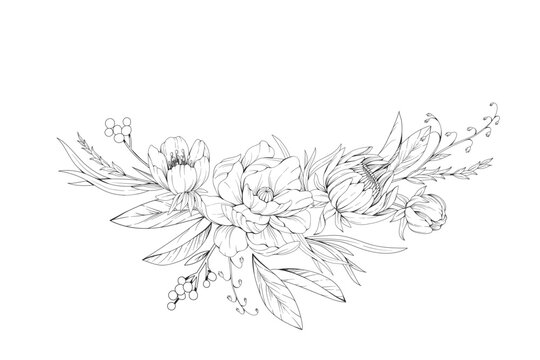 Botanic set of detailed various flowers and brunch. Luxury vintage floral collection for wedding invitation, wallpaper art or save the date card. Botanical vector illustration