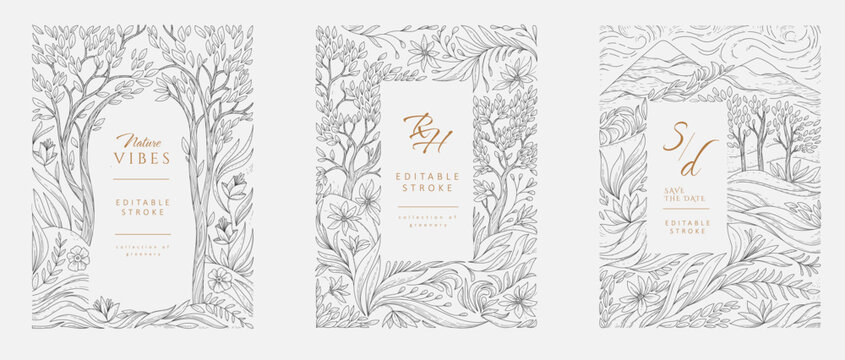 Set of frame illustrated with landscape and floral elements. Elegant collection of brochures for wedding invitation, wallpaper art or save the date card. Editable stroke - Powered by Adobe