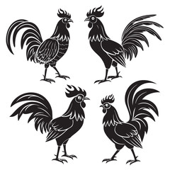 Fototapeta premium Set of black and white rooster silhouettes chicken bird vector illustration