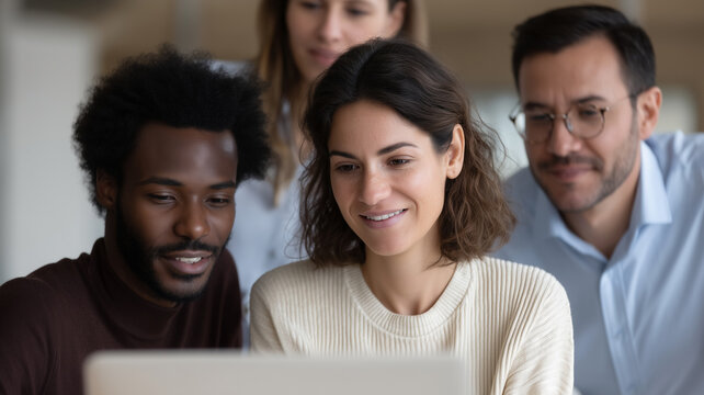 Diverse team collaborating on inventory management, smiling colleagues working together on project, office teamwork, positive atmosphere
