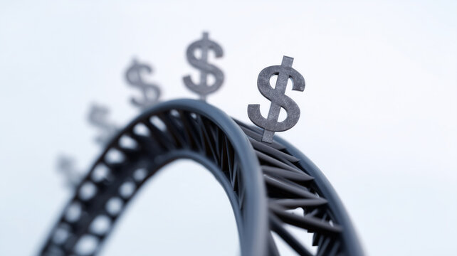 Roller coaster track with dollar signs symbolizes economic risk, financial volatility, market uncertainty, and fluctuating exchange scenarios