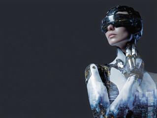 Futuristic female android in cyberpunk bodysuit with cityscape overlay, wearing high tech visor, exuding confidence and innovation