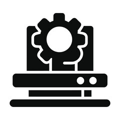 A black and white illustration of a computer server with a gear on top symbolizing configuration