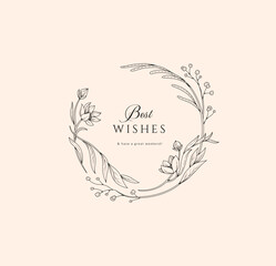 Elegant calligraphic botanical wreath, floral frame and graceful branches. Wedding wildflowers for invitation save the date card. Botanical feminine rustic vector illustration