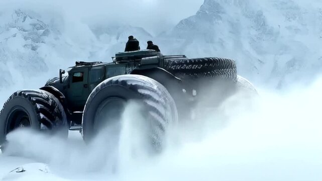 Hulking vehicle traverses snowy terrain soldiers aboard