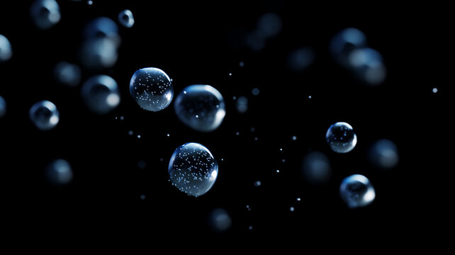 Floating water bubbles with subtle blue highlight dark background abstract clean fresh peaceful macro closeup glowing dreamy