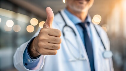 A doctor in a white medical coat and stethoscope gives a thumbs up, symbolizing approval, success, and excellent healthcare service.