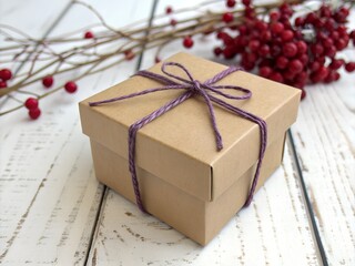 A simple brown kraft paper gift box with a purple string bow sits on rustic white wood next to blurred red berries.