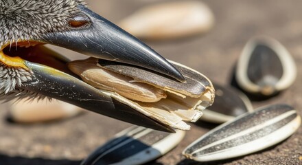 Close-up of Bird Beak Cracking Open Sunflower Seeds on Rustic Surface