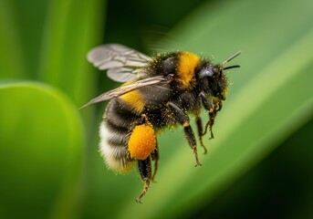 Close-up of a Bee Collecting Pollen on Yellow Flower with Vibrant Green Background