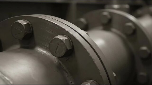 Heavy-duty industrial pipeline with robust bolted flanges and smooth metal texture, conveying strength and engineering precision in a detailed close-up.
