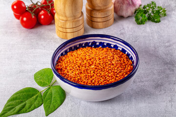 Raw dry red lentil in the bowl
