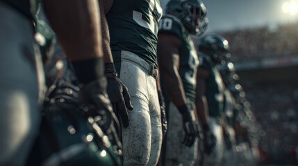 Football players create a straight formation on the field during a vigorous and sunny game, highlighting the essence of collaboration and strategic planning in the sport.