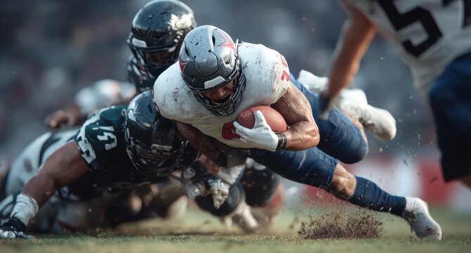 Player delivers a strong tackle in a professional American football game, embodying the idea of sportsmanship and competitive spirit.
