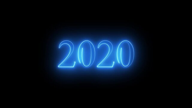 2020 neon line text. Abstract 2020 neon text animation, Glowing neon number text background 4k video animation . black background and blue color text...