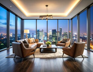 Luxury penthouse living room with stunning city skyline view at twilight, ideal for real estate