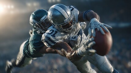 Dynamic football match takes place as an athlete executes an intense catch during a pivotal game moment beneath the stadium lights, embodying the concept of an exhilarating sports spectacle.