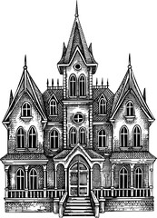 Fototapeta premium Witch house sketch. Gothic style Victorian mansion hand drawn vector illustration. Retro building architecture design. NOT AI generated