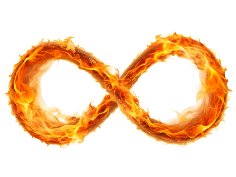 Fiery infinity symbol isolated on transparent background, a representation of eternal energy, limitless potential, and the continuous cycle of life and rebirth