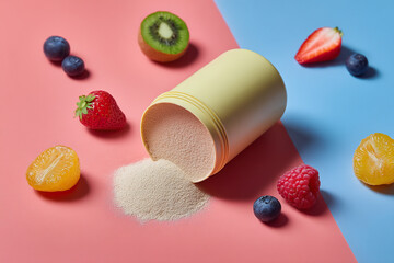 Supplement powder with various fruits, perfect for a healthy lifestyle and dietary habits. Bright colors on a split pink and blue background.