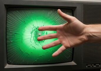 Broken Green Screen on Vintage Crt Monitor with Hand Touching Screen