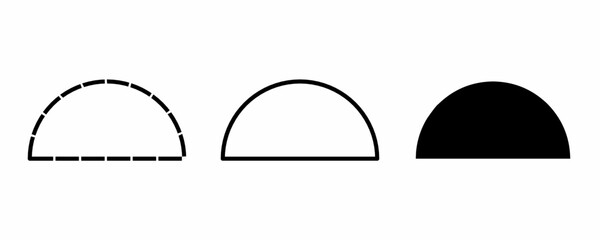 Minimalist half circle shape icon set with dashed outline, solid stroke, and filled version. Perfect for logo, symbol, infographic, decoration, and modern graphic element on isolated white background.