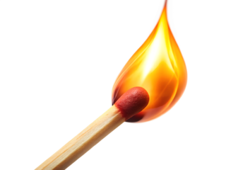 Closeup of a burning match isolated on a transparent background, showcasing the power and danger of fire, and the beauty of combustion