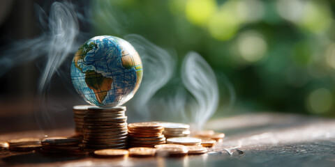 Globe stack of coins with smoke rising, symbolizing financial pressure and environmental impact blurred natural background