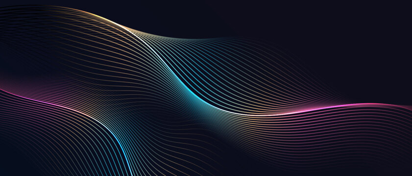 Abstract colorful curved wave lines on dark background	