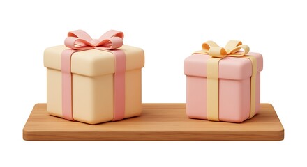 Obraz premium 3d cartoon illustration, pastel style gift parcel box with ribbon on wooden board, subject placed at the top with spacious copy space at the bottom for photo use. ,isolated on bright background