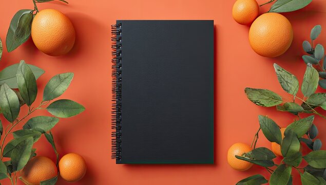 Flat lay of a black notebook surrounded by oranges and leaves on an orange background