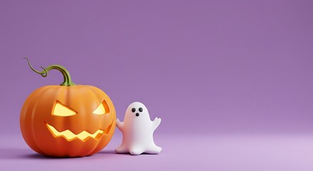 3d cartoon illustration, an orange halloween pumpkin on the left side of the image, placed against a stylish interior design background, ample copy space on the right for text or graphics