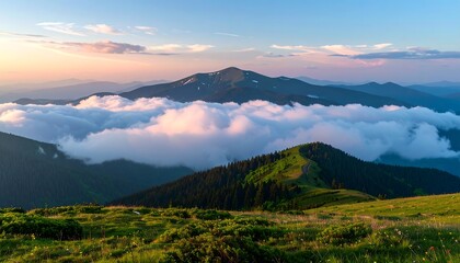 A breathtaking vista of mountain peaks emerging from a sea of clouds at sunset, showcasing the beauty of nature's grandeur.