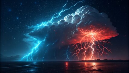 Dramatic blue and red lightning strikes across a vast dark ocean during a powerful night storm with sparkling stars.