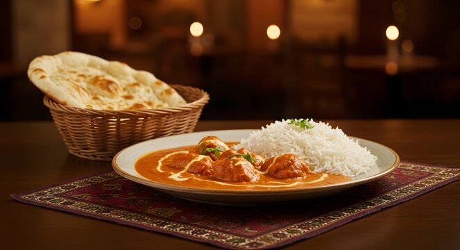 "Ricco Butter Chicken servito con naan e riso basmati"