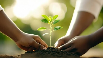 Hands gently planting young seedling in rich soil, symbolizing hope and renewal