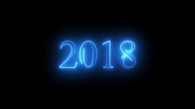 2018 neon line text. Abstract 2018 neon text animation, Glowing neon number text background 4k video animation . black background and blue color text...