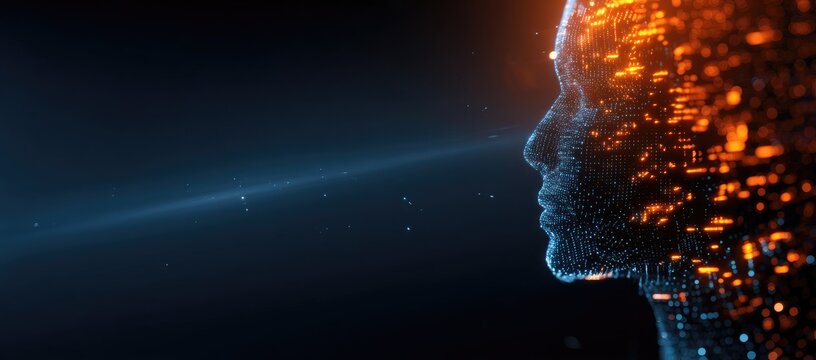 Profile view of a digital face, composed of glowing particles, with a light streak